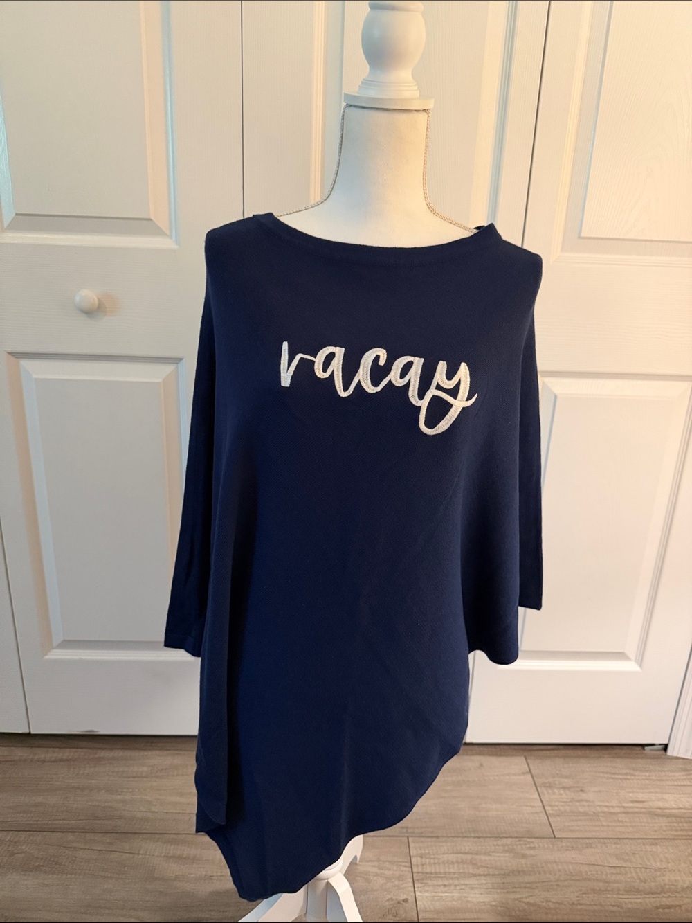 Vacay Navy Embroidered Women's Top- poncho sweater
